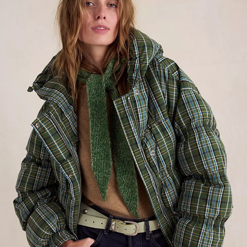 Free People Green Plaid Puffer Jacket